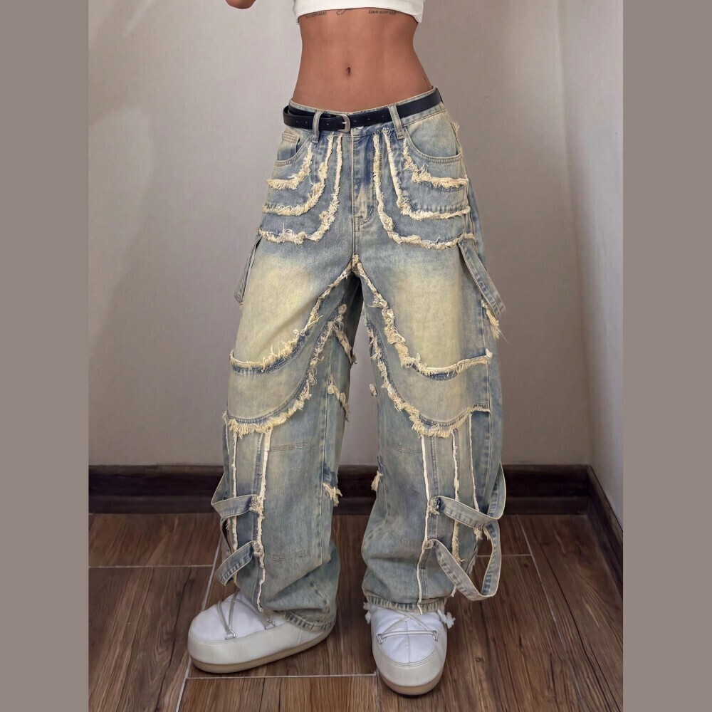 Blue Denim Raw Frayed Seam Ultra Wide Leg Cargo Jeans